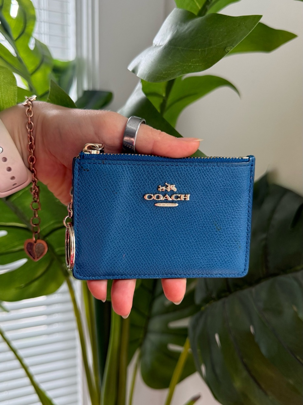 Coach Slim Credit Card Leather Skinny Wallet Keychain Blue
